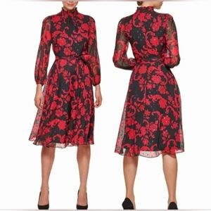 ⚘️Jessica Howard Red and Black Tiered Midi Dress with Bishop Sleeves